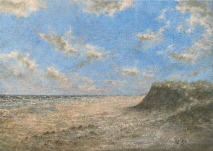 Alleen met de zee” (2024) – olieverf op linnen, 50 x 70 cm Olieverfschilderij Alleen met de zee 2024 van Henk Hobbeling – rustgevend zeegezicht op linnen