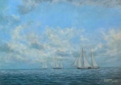De race” (2024) – olieverf op linnen, 70 x 90 cm Olieverfschilderij De race 2024 van Henk Hobbeling – zee met boten en schuine horizon