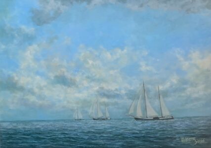 De race” (2024) – olieverf op linnen, 70 x 90 cm Olieverfschilderij De race 2024 van Henk Hobbeling – zee met boten en schuine horizon