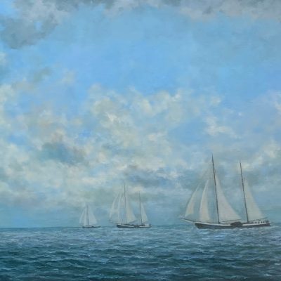 Olieverfschilderij De race 2024 van Henk Hobbeling – zee met boten en schuine horizon